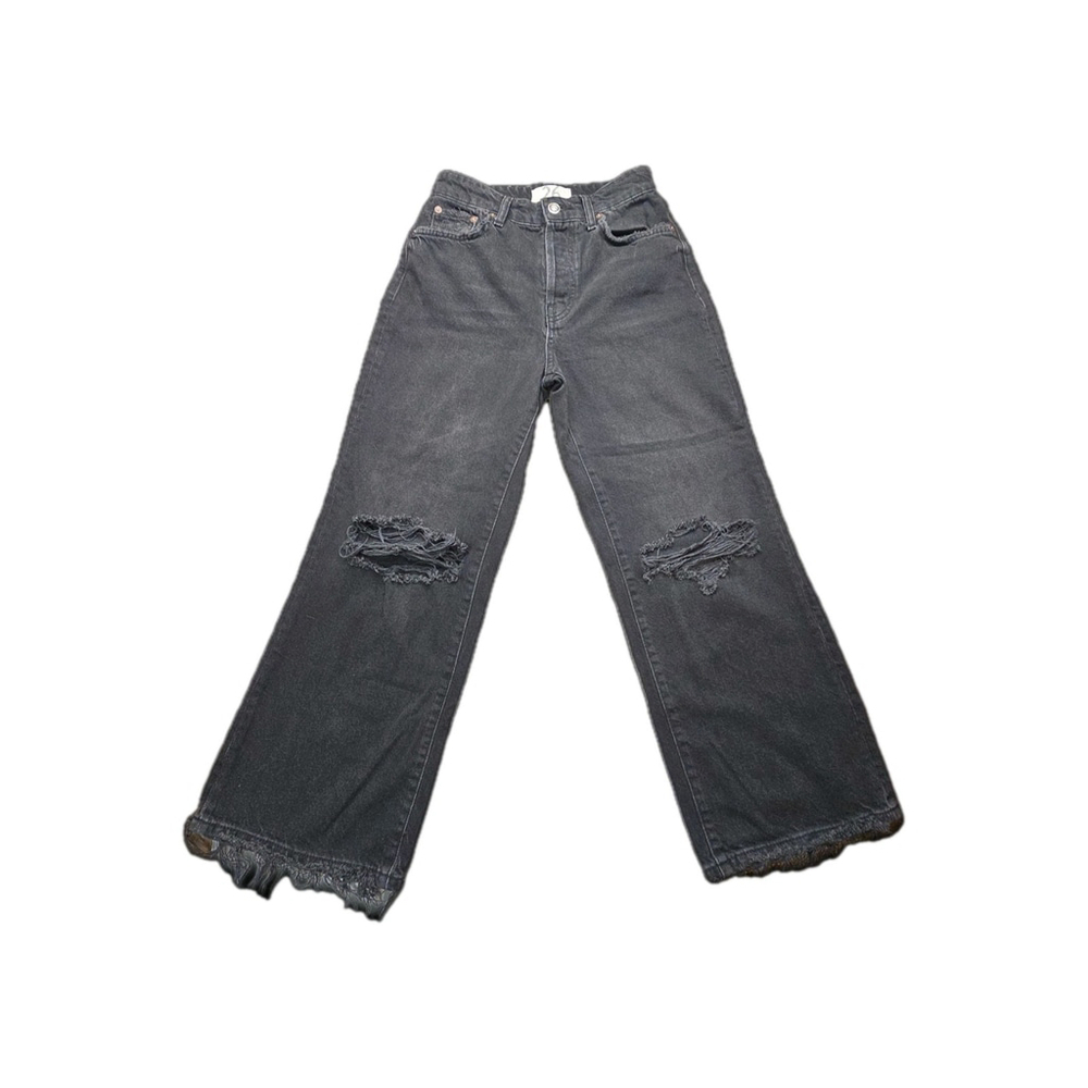 Free People We The Free Distressed Black Wide Leg Jeans Raw Hem Size 26